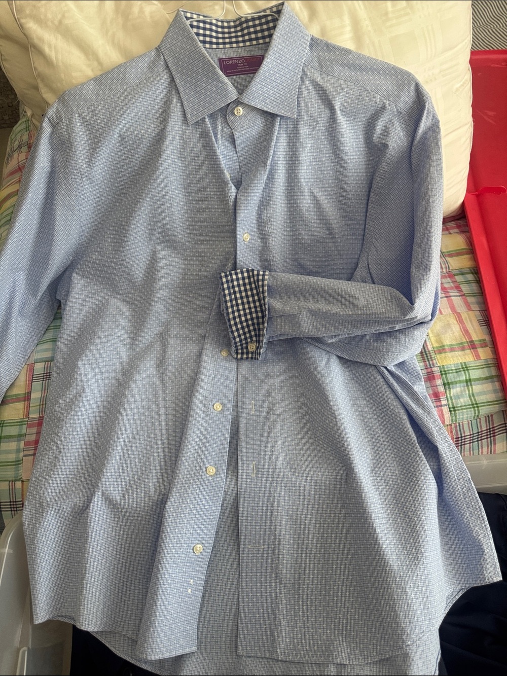Lorenzo Uomo Light Blue Micro-Pattern Dress Shirt with Navy Gingham Trim